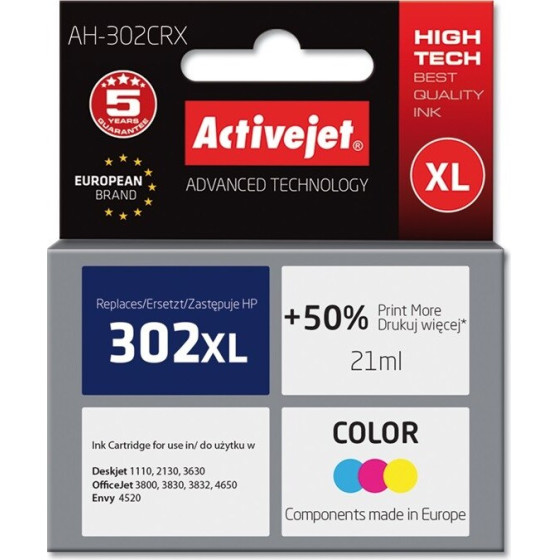 Activejet Ink (replacement for HP 302XL F6U67AE; Premium; 21 ml; 500 pages, color) - (AH-302CRX)