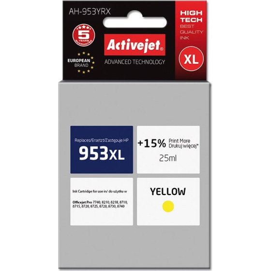 Activejet ink (replacement for HP 953XL F6U18AE; Premium; 25 ml; yellow) - (AH-953YRX)