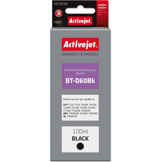 Activejet Ink Cartridge (replacement for Brother BT-D60Bk; Supreme; 100 ml; black) - (AB-D60Bk)