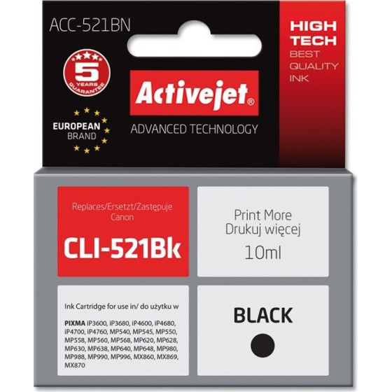 Activejet Ink cartridge (replacement for Canon CLI-521Bk; Supreme; 10 ml; black) - (ACC-521BN)