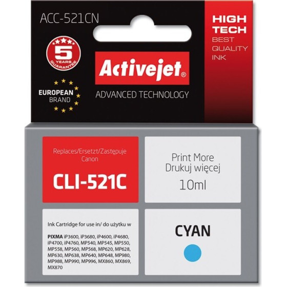 Activejet Ink cartridge (replacement for Canon CLI-521C; Supreme; 10 ml; cyan) - (ACC-521CN)