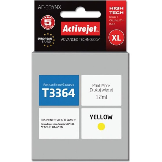 Activejet Ink Cartridge (replacement for Epson 33XL T3364; Supreme; 12 ml; yellow) - (AE-33YNX)