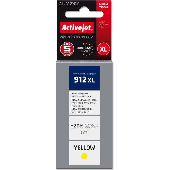 Activejet Ink Cartridge (replacement for HP 912XL 3YL83AE; Premium; 990 pages; 12 ml, yellow) - (AH-912YRX)