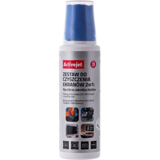 Activejet Liquid, Screen cleaning kit 2in1 250 ml, 20x20 cm, Screen cleaner, plastic cleaner and microfiber cleaning cloth 20x20 cm - (AOC-269)