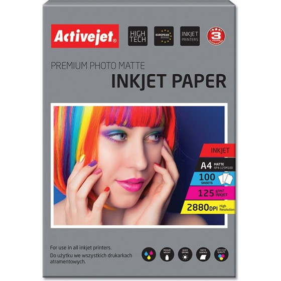 Activejet matte photo paper for ink printers; A4; 100 pcs - (AP4-125M100)