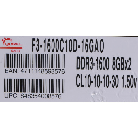 G.SKILL 16GB PC3-12800 Kit memory module 2 x 8 GB DDR3 1600 MHz - (F3-1600C10D-16GAO)