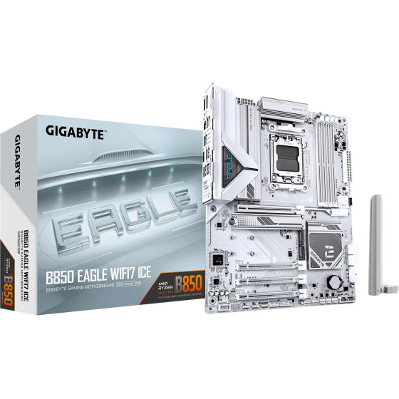 Gigabyte B850 EAGLE WIFI7 ICE Motherboard - AMD Ryzen 9000 Series CPUs, 8+2+2 Phases Digital VRM, up to 8200MHz DDR5 (OC), 1xPCIe 5.0 + 2xPCIe 4.0 M.2, WIFI 7, 2.5 GbE LAN, USB 3.2 Gen 2 - (B850 EAGLE WF7 ICE)