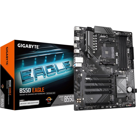 Gigabyte Motherboard - AMD Ryzen 5000 G-Series CPUs, 10+3+1 Phases VRM, up to 3200MHz DDR4, 1xPCIe 4.0 + 1xPCIe 3.0 M.2, 1GbE LAN, USB 3.2 Gen 2 - (B550 EAGLE)