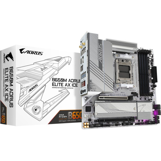 Gigabyte Motherboard - AMD Ryzen 9000 Series CPUs, 12+2+2 Phases VRM, up to 8000MHz DDR5 (OC), 1xPCIe 5.0 + 1xPCIe 4.0 M.2, 2.5GbE LAN, WIFI 6E, USB 3.2 Gen 2x2 - (B650M AORUS ELITE AX ICE)
