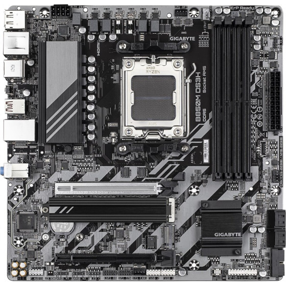 Gigabyte Motherboard - AMD Ryzen 9000 Series CPUs, 16+2+2 Phases Digital VRM, up to 8200MHz DDR5 (OC), 1xPCIe 5.0 + 1xPCIe 4.0 M.2, 2.5 LAN, USB 3.2 Gen 2 - (B850M DS3H)