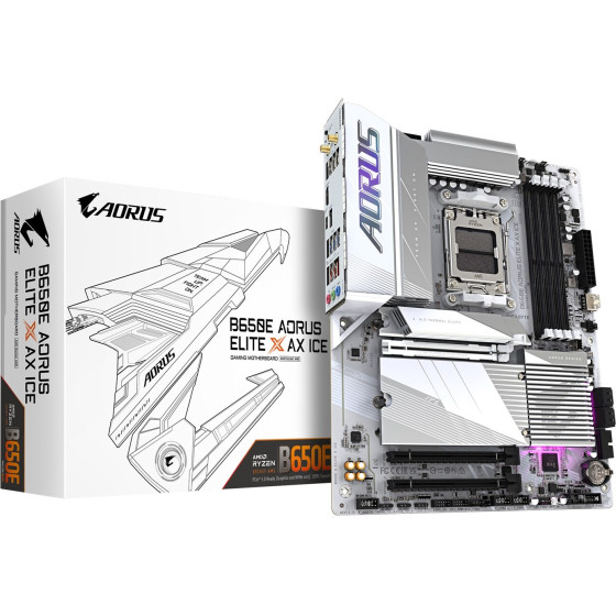 Gigabyte Motherboard - AMD Ryzen 9000 Series CPUs, 12+2+2 Phases VRM, up to 8000MHz DDR5 (OC), 1xPCIe 5.0 + 2xPCIe 4.0 M.2, 2.5GbE LAN, WIFI 6E, USB 3.2 Gen 2 - (B650E AORUS ELITE X AX ICE)