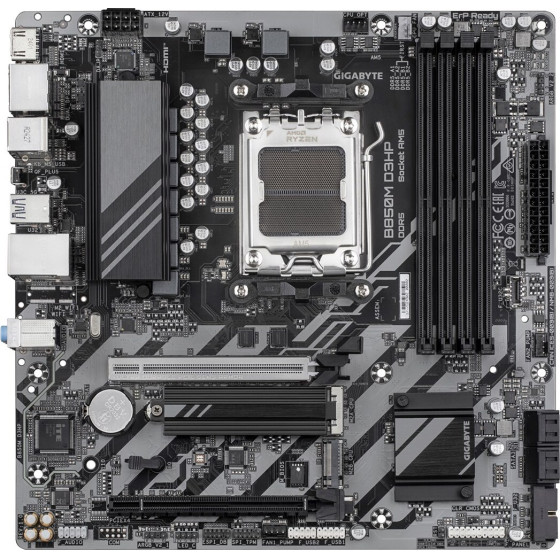 Gigabyte Motherboard - AMD Ryzen 9000 Series CPUs, 5+2+2 Phases Digital VRM, up to 8200MHz DDR5 (OC), 1xPCIe 5.0 + 1xPCIe 4.0 M.2, GbE LAN, USB 3.2 Gen 2 - (B850M D3HP)