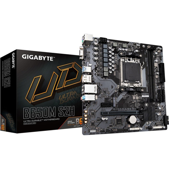 Gigabyte Motherboard - AMD Ryzen 9000 Series CPUs, 5+2+2 Phases VRM, up to 6400MHz DDR5 (OC), 1xPCIe 4.0 M.2, GbE LAN, USB 3.2 Gen 1 - (B650M S2H)