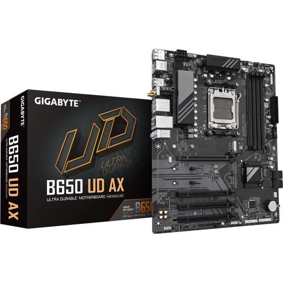 Gigabyte Motherboard - AMD Ryzen 9000 Series CPUs, 6+2+2 Phases VRM, up to 7600MHz DDR5 (OC), 1xPCIe 5.0 + 2xPCIe 4.0 M.2, GbE LAN, WIFI 6, USB 3.2 Gen 2 - (B650 UD AX)