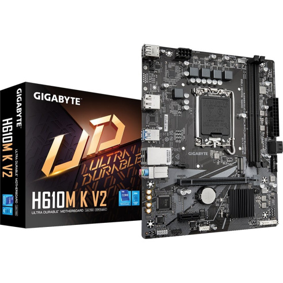 Gigabyte Motherboard - Intel Core 14th CPUs, up to 5600MHz DDR5, 1xPCIe 3.0 M.2, 1GbE LAN, USB 3.2 Gen 1 - (H610M K V2)