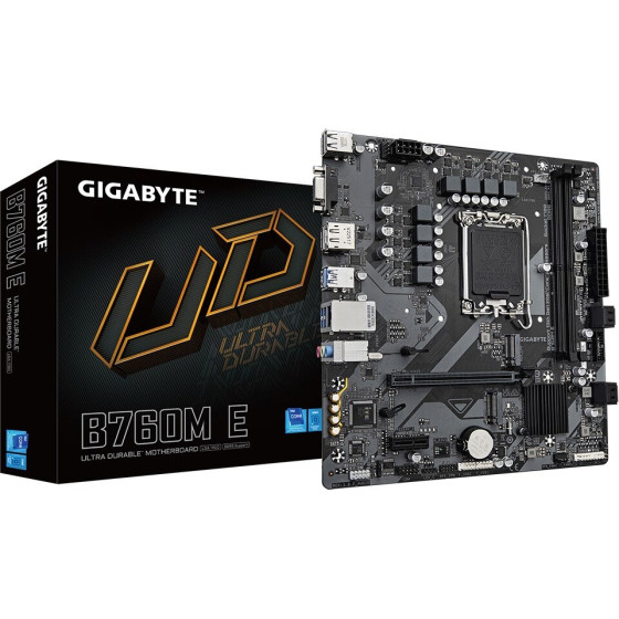 Gigabyte Motherboard - Supports 14th Gen. Intel Core CPUs, 6+1+1 phases VRM, up to 7200MHz DDR5 (OC), 2xPCIe 4.0 M.2, 1 GbE LAN, USB 3.2 Gen 1 - (B760M E)