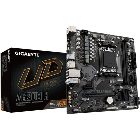 Gigabyte Motherboard - Supports AMD Ryzen 8000 CPUs, 5+2+2 Phases Digital VRM, up to 7200MHz DDR5 (OC), 1xPCIe 4.0 M.2, GbE LAN, USB 3.2 Gen 1 - (A620M H)