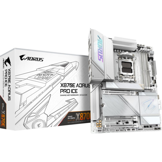 Gigabyte Motherboard - Supports AMD Ryzen 9000 CPUs, 16+2+2 Phases Digital VRM, up to 8000MHz DDR5 (OC), 3xPCIe 5.0 + 1xPCIe 4.0, Wi-Fi 7, 2.5GbE LAN, USB 4 - (X870E AORUS PRO ICE)
