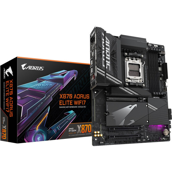 Gigabyte Motherboard - Supports AMD Ryzen 9000 CPUs, 16+2+2 phases VRM, up to 8000MHz DDR5 (OC), 3xPCIe 5.0 + 1xPCIe 4.0, Wi-Fi 7, 2.5GbE LAN, USB 4 - (X870 AORUS ELITE WIFI7)
