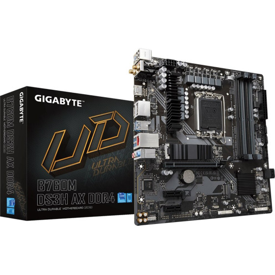 Gigabyte Motherboard - Supports Intel Core 14th Gen CPUs, 6+2+1 Phases Digital VRM, up to 5333MHz DDR4 (OC), 2xPCIe 4.0 M.2, Wi-Fi 6E, 2.5GbE LAN, USB 3.2 Gen2 - (B760M DS3H AX DDR4)