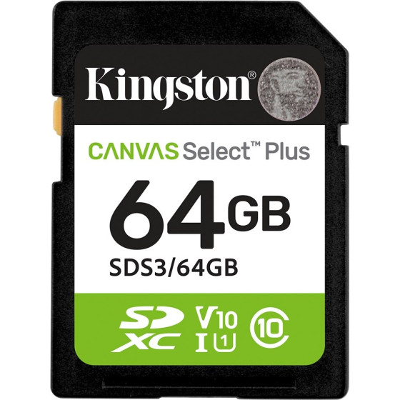 Kingston Technology 64GB SDXC Canvas Select Plus Gen3 100MB/s C10 UHS-I U1 V10 - (SDS3/64GB)