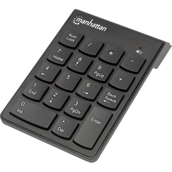 Manhattan Numeric Keypad, Wireless (2.4GHz), USB-A Micro Receiver, 18 Full Size Keys, Black, Membrane Key Switches, Auto Power Management, Range 10m, AAA Battery (included), Windows and Mac, Three Year Warranty - (178846)