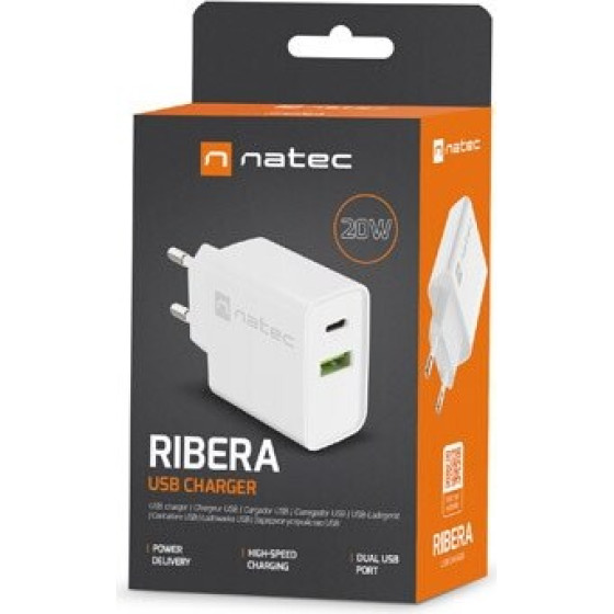 NATEC NETWORK CHARGER RIBERA USB-A+USB-C 20W PD - (NUC-2061)