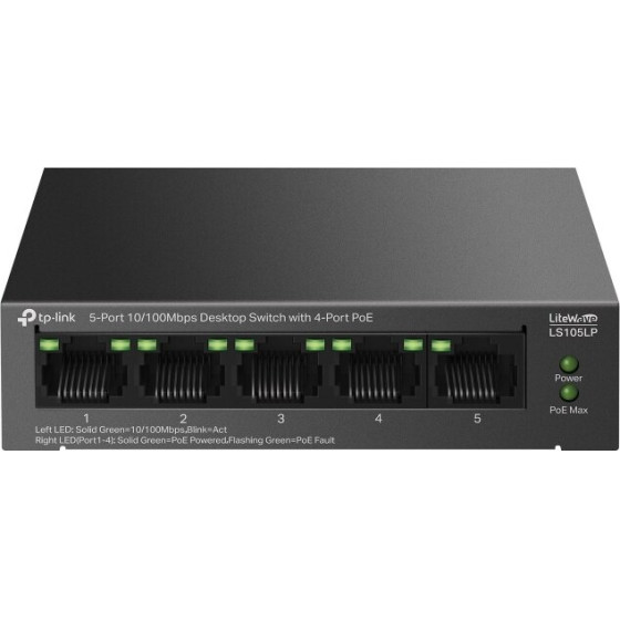 TP-LINK LiteWave LS105P Unmanaged Fast Ethernet (10/100) Power over Ethernet (PoE) Black - (LS105LP)