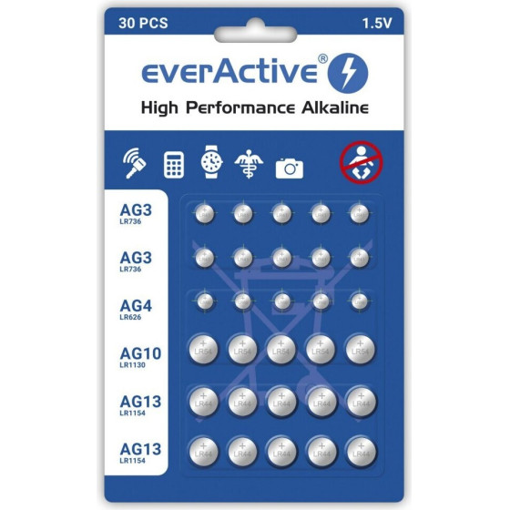 EVERACTIVE Mini Alkaline Battery Set 10 x G3 / LR41, 5 x G4 / LR626, 5 x G10 / LR1130, 10 x G13 / LR1154 - (AGMIX30BL)