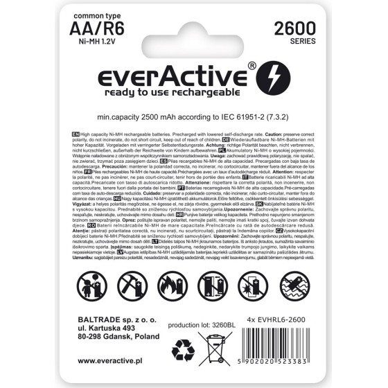 EVERACTIVE Rechargeable Batteries Ni-Mh R6 Aa 2600 Mah Professional Line - (EVHRL6-2600)