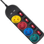 Maclean Power strip, 4-Socket Extension Cable + 2xUSB, With switches, 250VAC/10A, 2.1A 5V, 1.5m, black, MCE229 B - (MCE229B)