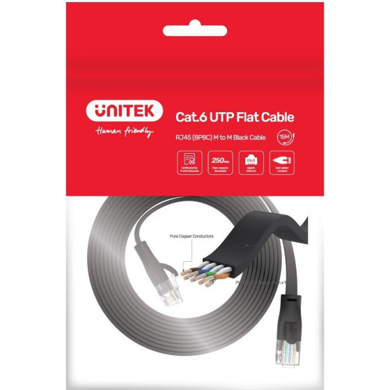 UNITEK Cat 6 Utp RJ45 (8P8C) Flat Ethernet Cable - (C1812GBK)