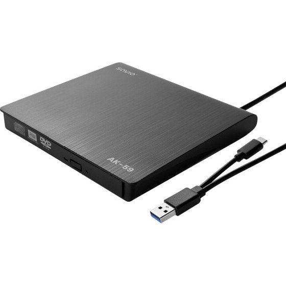 SAVIO External slim CD/DVD Recorder R/RW - USB-C/USB-A, black - (AK-59)