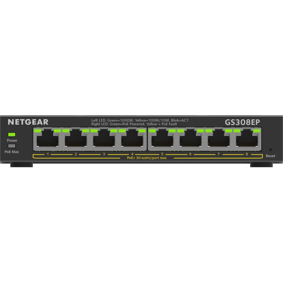 NETGEAR 8-Port Gigabit Ethernet PoE+ Plus Switch (GS308EP) Managed L2/L3 Gigabit Ethernet (10/100/1000) Power Over Ethernet (PoE) Black - (GS308EP-100PES)