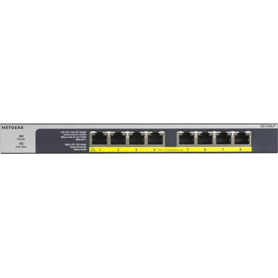 NETGEAR GS108LP Unmanaged Gigabit Ethernet (10/100/1000) Power Over Ethernet (PoE) 1U Black, Grey - (GS108LP-100EUS)