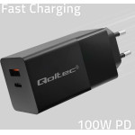 QOLTEC Gan Power Pro Charger | 1xUsb Type C | 1xUsb A | 100W | 5-20V | 1.5-5A | Pd | Black - (52382)