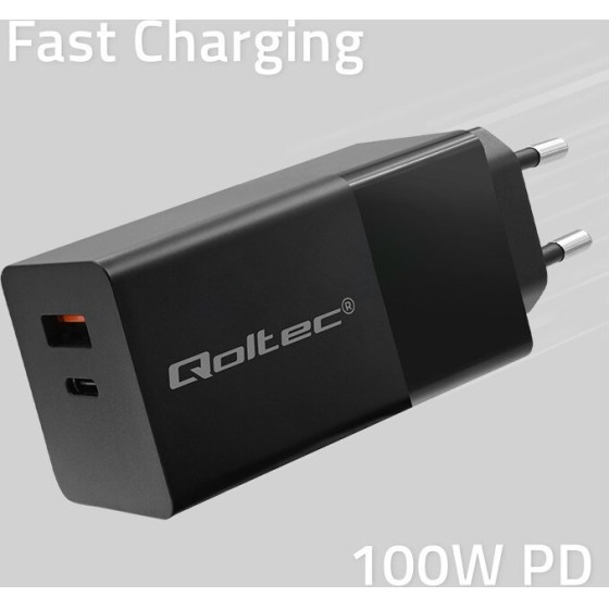 QOLTEC Gan Power Pro Charger | 1xUsb Type C | 1xUsb A | 100W | 5-20V | 1.5-5A | Pd | Black - (52382)