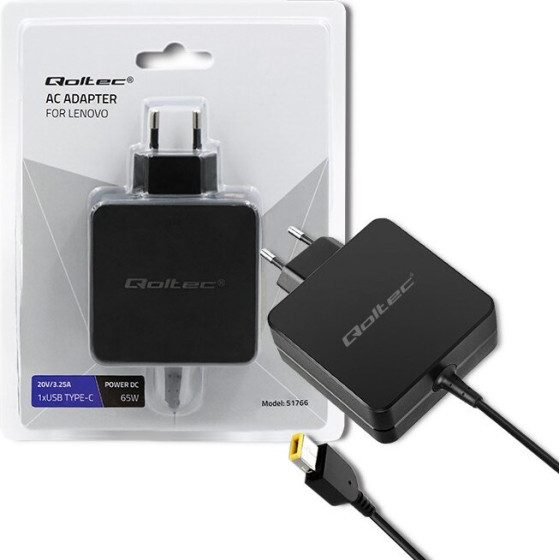 QOLTEC Power Adapter For Lenovo 65W | 20V |3.25A | Slim tip+Pin - (51766)