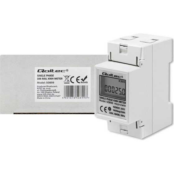 QOLTEC Single Phase Electronic Energy Consumption Meter | 230 V | Lcd | 2P | Din Rail - (50899)