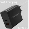 QOLTEC Super Quick Pd Charger | 1xUSB-C | 1xUsb | 65W | 5-20V | 1.5-3.25A | Black - (52380)