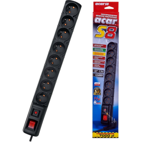 Acar S8 Power Extension 1.5 m 8 Ac outlet(s) Indoor Black - (W0147)
