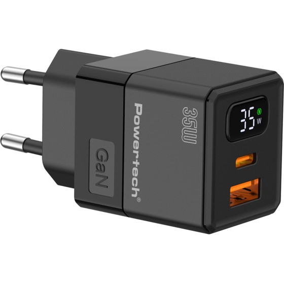 Powertech ��������� ������ �� �����, USB/USB-C, 35W, GaN, ������ - (PT-1499)
