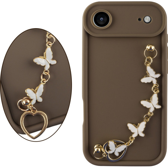 Volte-Tel ���� Iphone 17 Air 6.9'' Silicon Tpu With Strap Full Camera Protection Brown With White BUTTERFLIES