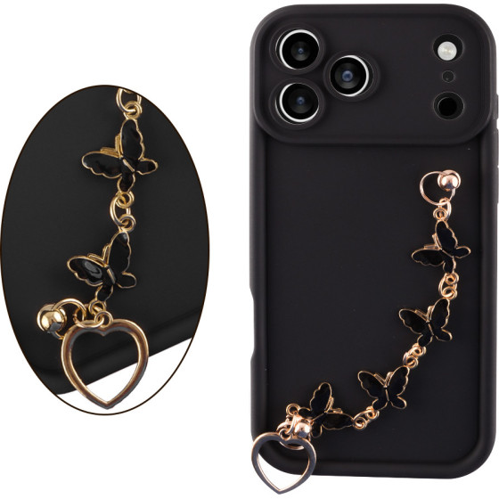 Volte-Tel ���� Iphone 17 Pro Max 6.9'' Silicon Tpu With Strap Full Camera Protection Black With Black BUTTERFLIES