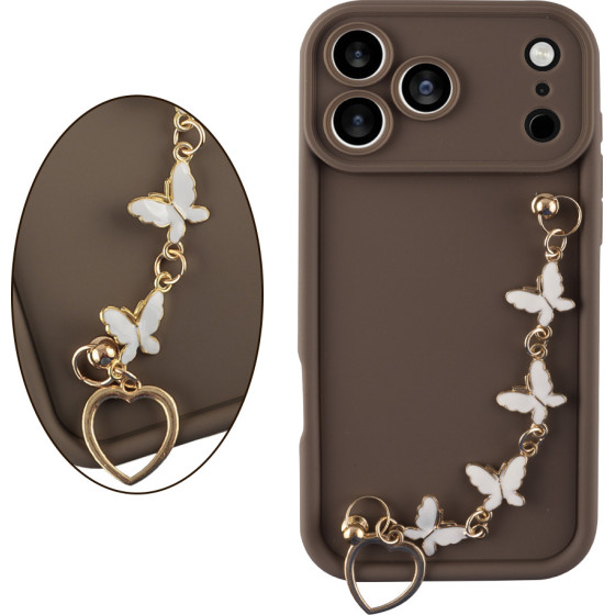 Volte-Tel ���� Iphone 17 Pro 6.3'' Silicon Tpu With Strap Full Camera Protection Brown With White BUTTERFLIES