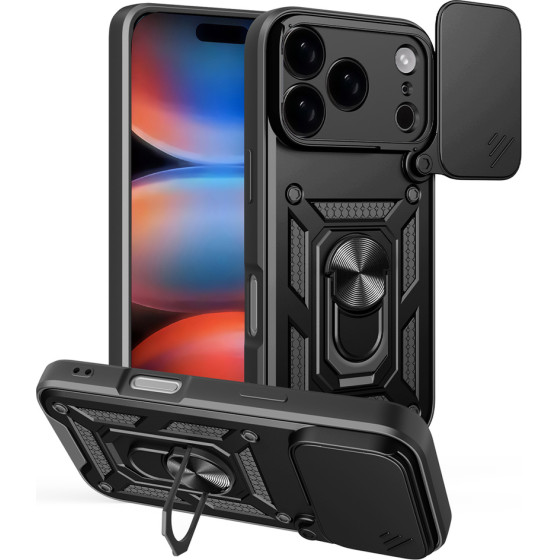 Hurtel Hybrid Armor Camshield Case for iPhone 17 Pro Max with Stand and Camera Cover - Black - (Hybrid Armor Camshield Black iPhone 17 Pro Max)