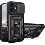 Hurtel Hybrid Armor Camshield iPhone 17 Case with Stand and Camera Cover - Black - (Hybrid Armor Camshield Black iPhone 17)