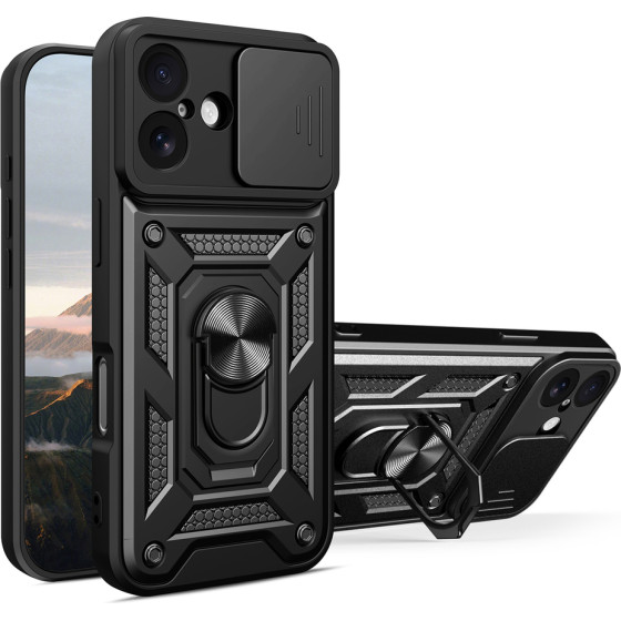 Hurtel Hybrid Armor Camshield iPhone 17 Case with Stand and Camera Cover - Black - (Hybrid Armor Camshield Black iPhone 17)