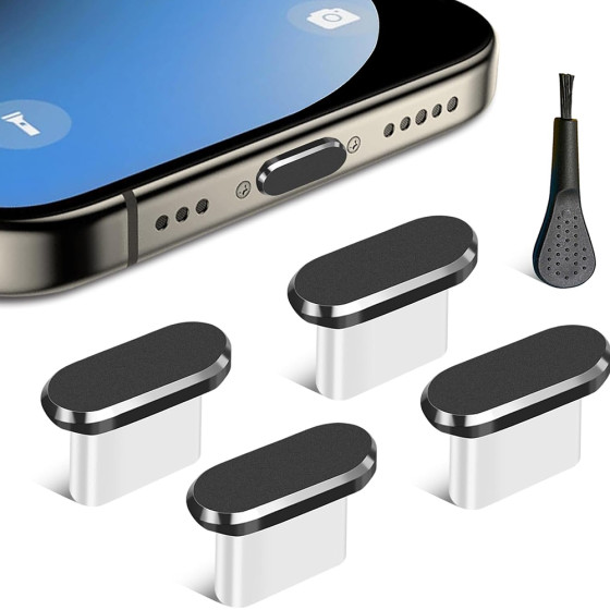 Techsuit - (4 pack) Dust Plug PortShieldX (AD1) - Type-C Port Cover, Aluminum/Silicone, for Daily Defense, with Brush - Black