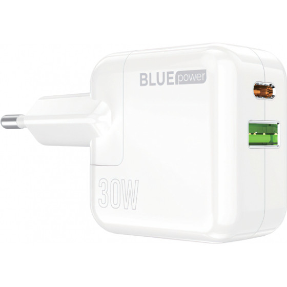 Blue Power Wall Charger BC111A, 30W, 3A, 1 x USB-A - 1 x USB-C, White